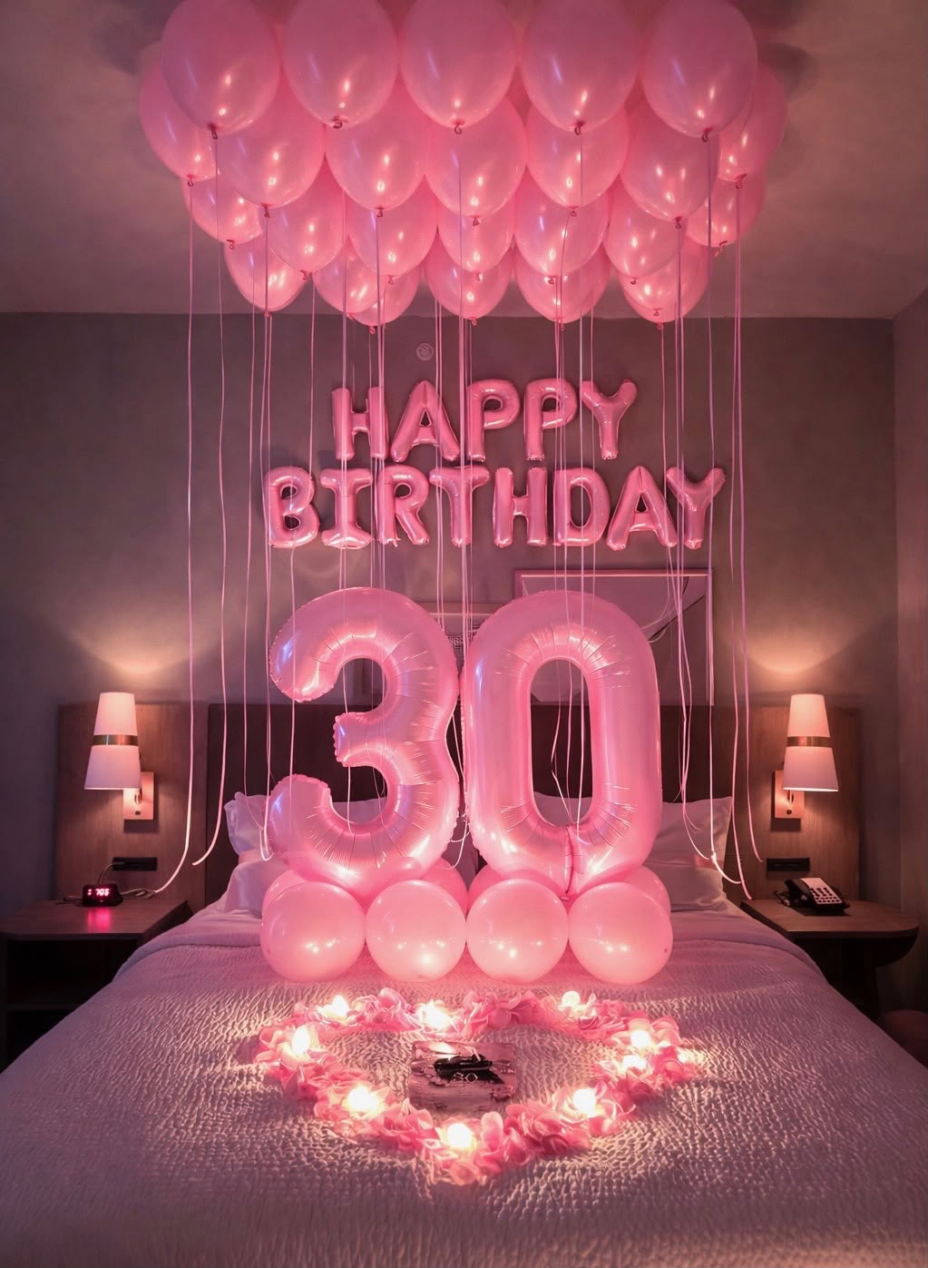 Pink balloon ceiling 30th birthday hotel surprise by LUX Event Design