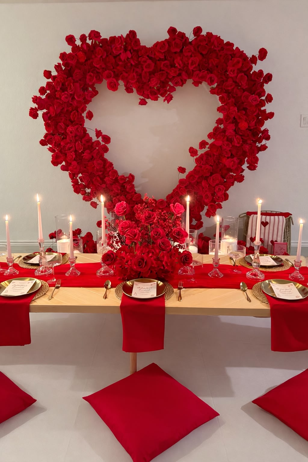 Valentine's red rose heart wall with low candlelit floor tablescape by LUX Event Design